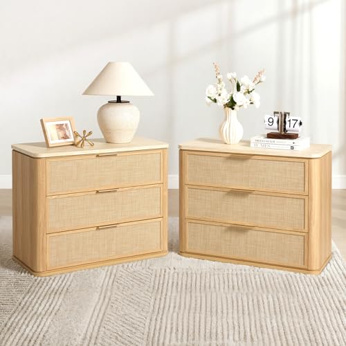 Image of Night Stand Set of 2, 30.71 inch W Rattan Nightstand with 3 Drawers, Faux Marble Top Bedside Table, Boho Mid Century End Table for Bedroom Living Room Sofa Office, Natural Oak [FSC Certified]