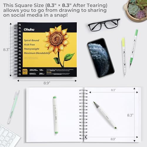 Ohuhu Marker Pads Art Sketchbook - 8.3" x 8.3" Portable Square Size -120 LB/200 GSM Drawing Papers - 60 Sheets/120 Pages - Spiral Bound Sketch Drawing Book for Alcohol Markers Christmas Gift - Image 5