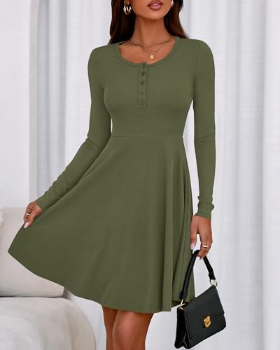 Image of BTFBM Casual Fall Dresses for Women 2025 Long Sleeve Ribbed Button Down Empire Waist A Line Winter Wedding Guest Dress
