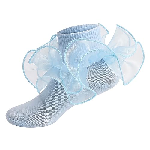 Toddler Girls Ruffle Socks Double Lace Frilly Princess Dress Socks Cotton Anti-slip Ankle Socks for Kids Years 1-10T (Light Blue, 1-3 Years)