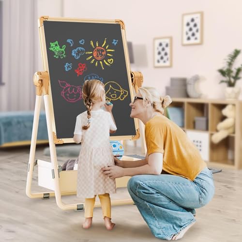 Andgogo Art Easel for Kids, 360°Rotating Adjustable Toddler Easel, Double Sided Kids Easel Drawing Board with Magnetic Chalkboard, Dry Erase White Board & Paper Roll Paint Art Set for Kids 2+