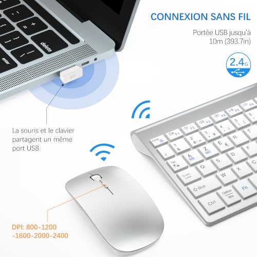 Combo Clavier Souris sans Fil Ultra Fin avec Double Système - Blanc Argenté – vue 3
