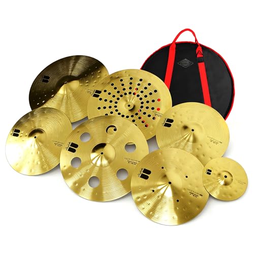 Beatello 7 Piece Cymbal Set with Bag Super Polishing Alloy Cymbals for Rock Metal Electronic Music Includes 20 Ride 18 Hollow Crash 18 China Crash 16 Rock Crash 14 Hi Hats (2pcs) 8 Splash