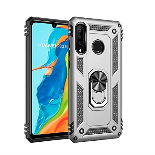 Funda Anillo Antishock para Huawei P30 Lite Uso Rudo. Carcasa de TPU + Policarbonato De Anillo Gitatorio 360º Plata.