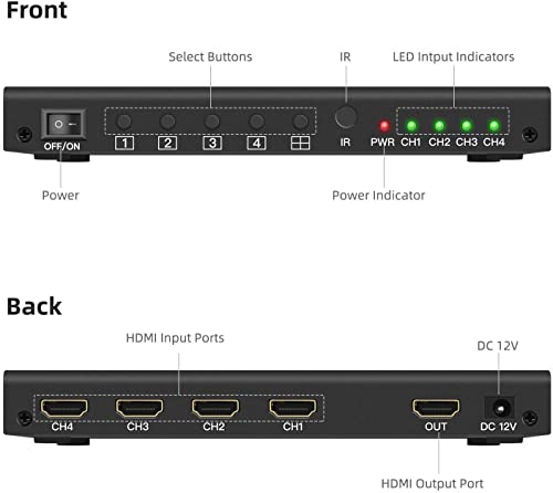 Image of Microware HDMI 4X1 Quad Multi-Viewer Splitter with Seamless Switch and IR Remote Support 1080P 3D HDMI 1.3a, PIP Mode Support