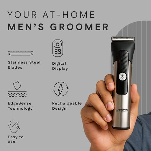 Image of Winston Groom Pro 5 in 1 Grooming Set for Men with 14 Length Attachment Comb, Digital Display, Pedestal, Fast Charging Face, Ear, Nose, Beard, Body Hair Trimmer for Men