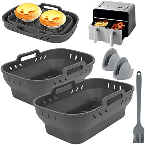 Meetory Foldable Silicone Air Fryer Liner for Ninja Dual Zone Air Fryer, 2 Pc Reusable Airfryer Silicone Pot Air Fryer Liners with Silicone Mitts and Brush, Ninja Af300uk Af400uk Air Fryer Accessories