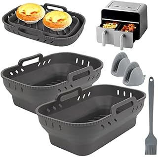 Meetory Foldable Silicone Air Fryer Liner for Ninja Dual Zone Air Fryer, 2 Pc Reusable Airfryer Silicone Pot Air Fryer Liners with Silicone Mitts and Brush, Ninja Af300uk Af400uk Air Fryer Accessories
