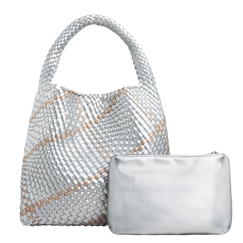 IwIeIaIrI Women's Woven Bag Vegan Leather Metal Tote Large Summer Beach Travel Travel Tote Handmade Handbags Large Capacity Shoulder Bags