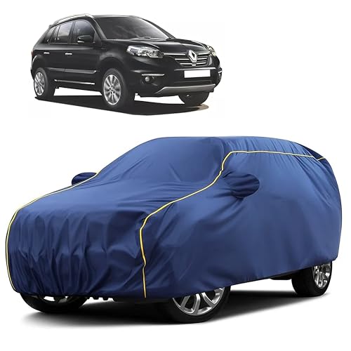 Image of Sulfar 100% Water Resistant Car Body Cover Compatible with Mirror for Renault Koleos (Triple Stitched, Full Bottom Elastic, Blue Taffeta with Yellow Piping)