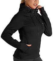icyzone Damen Sportjacke Laufjacke voll Zip Trainingsjacke mit Kapuze, Fitness Hoodie Langarm Shirt im Winter (M, Schwarz)
