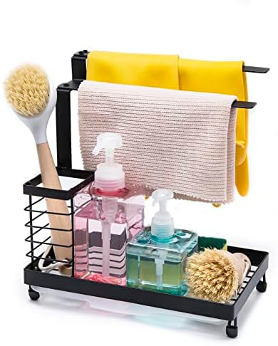 SVUASAN Sink Caddy Sponge Holder, Kitchen Countertop Rust Proof Sink Accessories Organizer with Handle Drip Drainer Pan Dishcloth Rack for Dish Brush, Soap Dispenser, Dishwashing Gloves (Black)