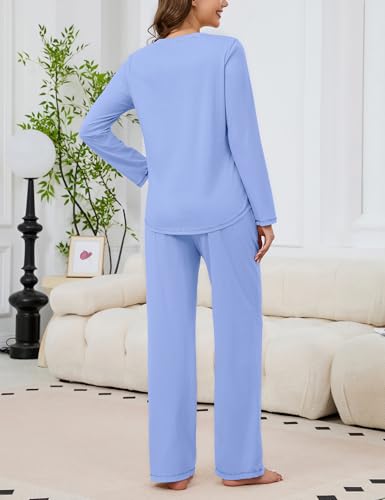 Image of KCW Womens Pajamas Sets 100% Cotton 2 Piece Lounge Set Long Sleeve Tops and Pants Soft Pjs Sleepwear with Pockets