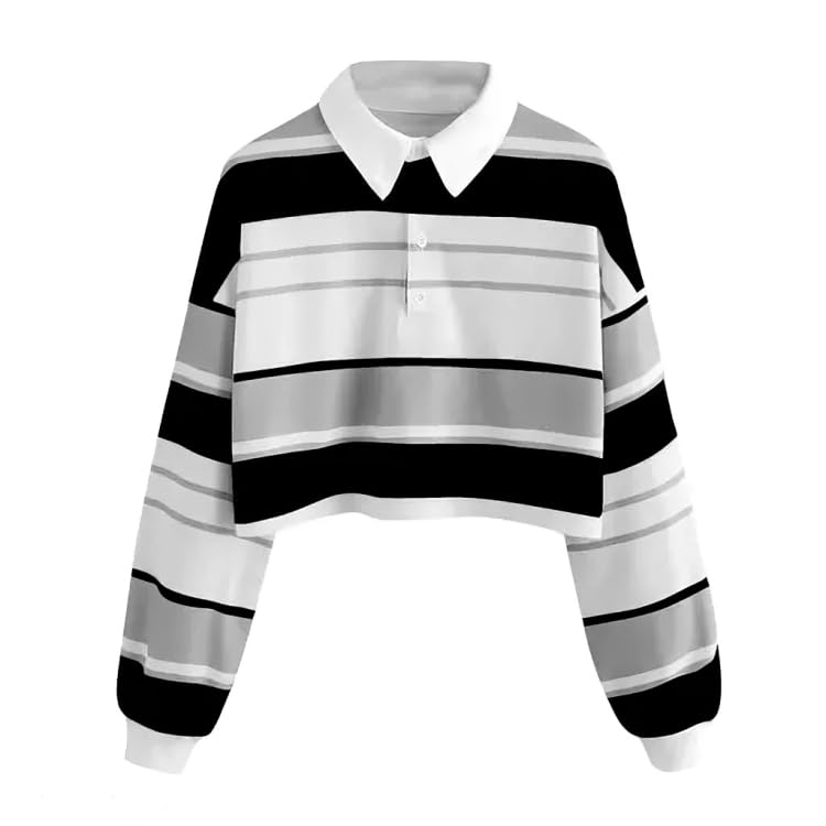 aaryainnl Women’s Black & White Striped Crop Polo Shirt | Long Sleeve Cotton Blend Casual Collar Top for Girls-picture-38