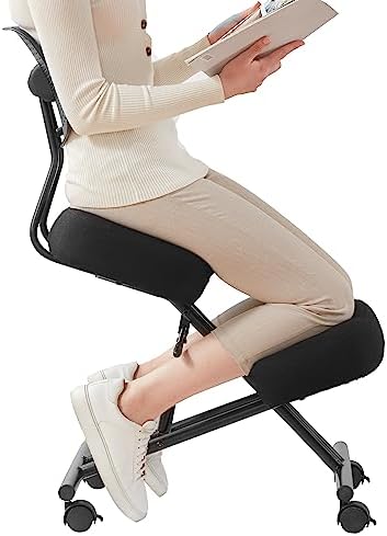 SOMEET Ergonomic Kneeling Chair with Back Support, Ergonomic Kneeling Tool with Brake and Smooth Gliding Casters, Adjustable Stool for Home and Office, Posture Chair to Relieve Back Pain, Black Linen