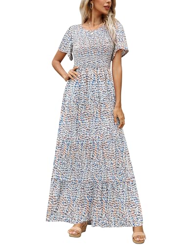 Image of Kranda Women 2025 Summer Fall Crewneck Short Sleeve Smocked Floral Maxi Dress