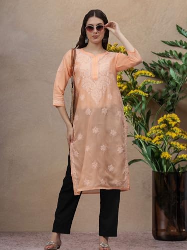 Image of Seva Chikan Hand Embroidered Lucknowi Chikankari Appricoat Peach Terivoil Cotton Kurta for Women SCL4603