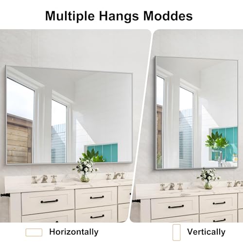 Image of COFENY Silver Bathroom Mirror, 48 inchX36 inch Rectangle Mirrors for Wall Metal Frame, Bathroom Rectangular Mirror Modern Wall Mirror for Bedroom Living Room, Hangs Horizontal or Vertical