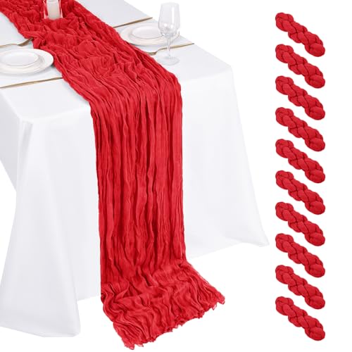 10 Pack Red Cheesecloth Table Runner 17x108 Inch Boho Gauze Cheese Cloth Table Runners for Wedding Party Baby Shower Birthday Home Decor