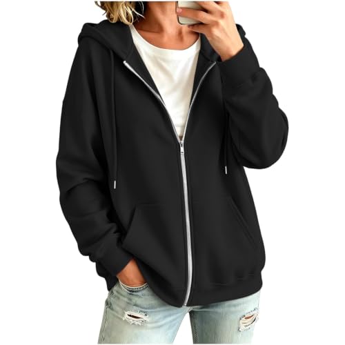 Image of YGERGWE Black Zip Up Hoodie, Fleece Jacket Women, Oversized Womens Sweatshirt Long Sleeve Baggy Comfy Casual Ladies Lightweight Jackets with Pockets