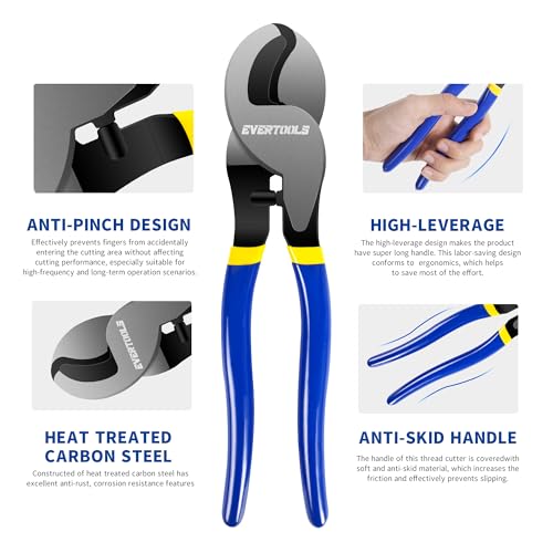 Evertools High-Leverage Cable Cutter, 10-Inch Wire Cutter for Aluminum & Soft Copper Cables, Clean-Cut Hand Tool for Electrical & Telecom Work