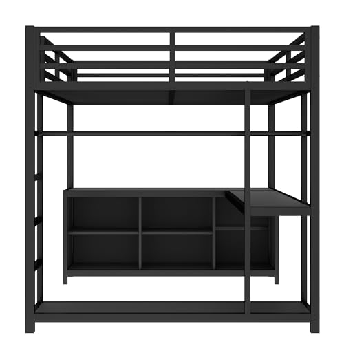 Image of Bellemave Queen Size loft Bed with L Desk and Wardrobe, Metal Queen Size Loft Bed Frame for Adults, Kids, Teens, Black