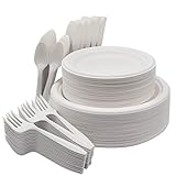 Gezond 250Pcs Disposable Dinnerware Set Compostable Sugarcane Paper Plates and Cutlery with Biodegradable Dinner Plates, Knives, Spoons and Forks for Birthday Party Picnic (White)