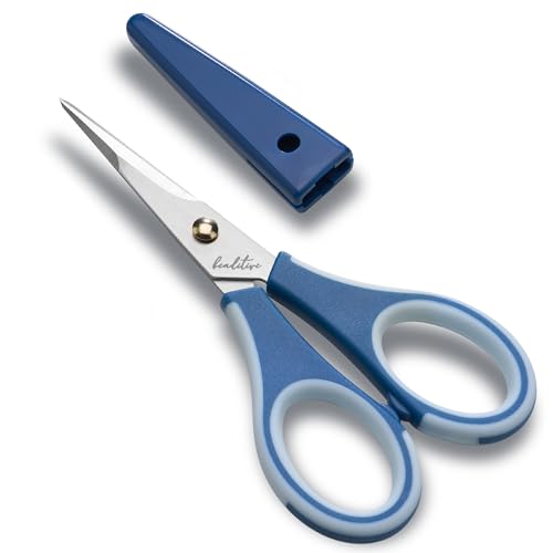 Beaditive Precision Craft Scissors - Ultra Sharp Stainless Steel Blades & Non-Slip TPR Handles - Adult & Kid Scrapbooking Scissors With Safety Cap For Home, Office, School (Blue)