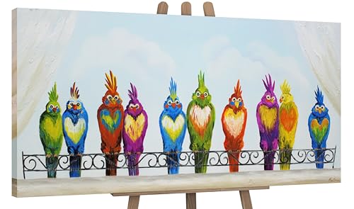 Image of YS-Art Original Handmade Painting – Colorful Abstract Birds in Rainbow Tones, Textured Artwork on Canvas, Interior Art for Bedroom Dining Interior 56x28 inch