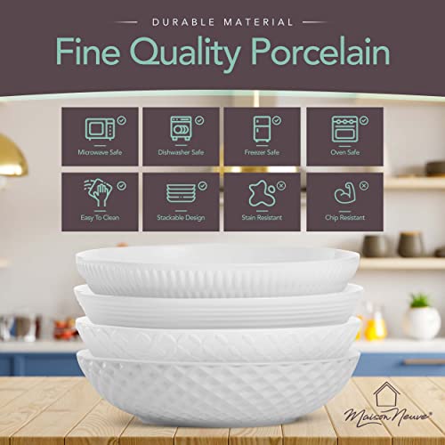 Maison Neuve Premium Porcelain White Dinner Bowls [Set Of 4]- 34Oz Dinnerware Kitchen Bowls For Soup, Noodle, Pasta, Salad, Cereal, Dessert- Durable Dishwasher-Safe 8.5” Serving Bowls- Textured White #TOP4