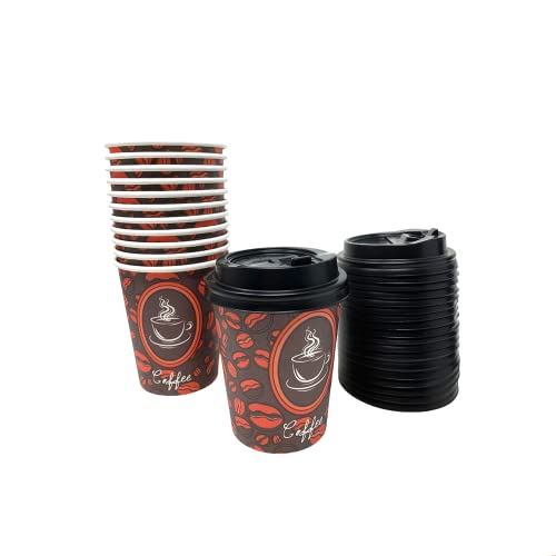 Tsyware 100 Pack Quality Disposable Paper Hot Coffee Cups With Lids, Perfect For Hot Drinks Tea & Coffee, Coffee Shops And Bars (8 Oz, Coffee Bean Design) #TOP2