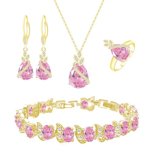 LMXXVJ Sparkly Pink Cubic Zirconia Jewelry Set For Women,18k Yellow Gold Plated Necklace Ring Earrings Bracelet Costume Jewelry Set Gift by LMXXVJ - Used condition - US$16.74