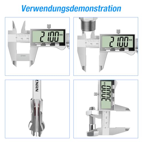 Ueznirn Messschieber Digital mit Großem LCD-Bildschirm, Schieblehre Digital mit Spritzwasserschutz und Staubschutz, Messschieber mit Ersatzbatterie und Aufbewahrungsbox (Silbrig)
