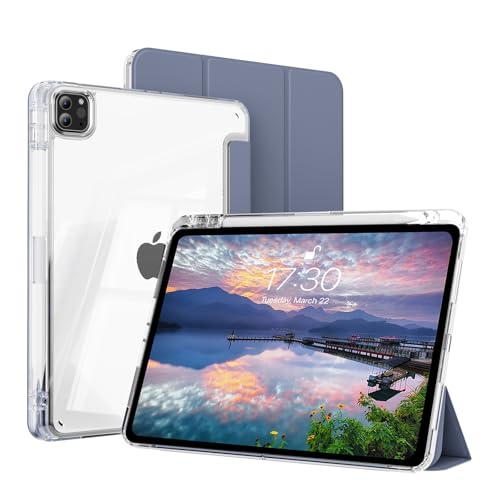 ZKTUYU Hülle für iPad Pro 11 Zoll M5 2025/M4 2024 mit stifthalter, Trifold Ständer Stoßfeste Schutzhülle Transparenter Hartschale Rückenschutz, Auto Schlafen/Wachen, Blaugrau