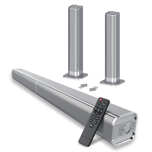 Sound Bar, 80W Sound Bar for Smart TV, Bluetooth 5.3 Soundbar, 2 in 1 Detachable Home Speaker Bass Effect, Home Theater Surround Sound, ARC/Optical/AUX/Connections, for TV/PC/Gaming/Projectors, Sliver