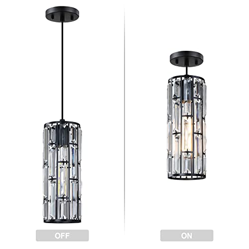 1 Light 4.5" Crystal Shade Hanging Kitchen Island Pendant Light Black Finish,Modern Concise Pendant Fixture With Crystal Plate Metal Shade For Bar,Dining Room,Corridor,Living Room Over Sink #TOP1