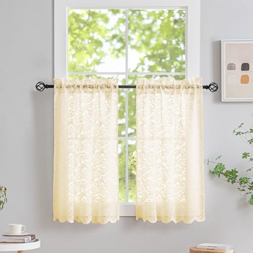 ALIGOGO Beige Cafe Curtains 24 Inch Length - Cottage Sheer Floral Mini Curtains for Small Window, Rod Pocket Privacy Short Vintage Decor for Kitchen Cabinet Bistro, 2 Panels, 26W x 24L Inch
