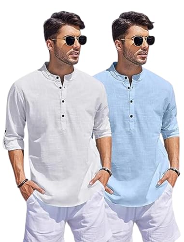 Image of Men's Cotton Blend Straight Kurta Shirt Combo with Mandarin Collar - Slim Fit Casual Short Kurti Set Featuring Textured Slub Fabric and Roll-Up Full Sleeves