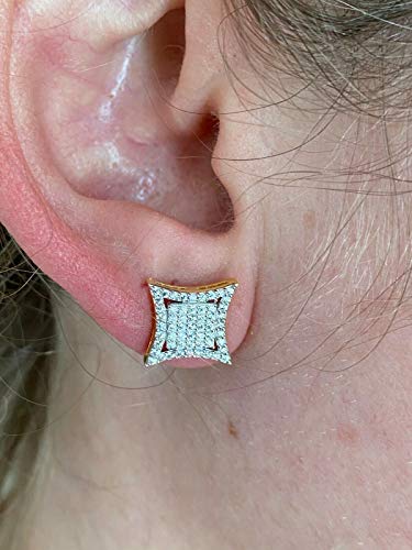 Real Solid 925 Sterling Silver 14K Gold Plated - Large Women's & Men's Earrings - Iced Cz 10Mm Kite Earrings Screw Backs - Big Hip Hop Flooded Out Aretes #TOP2
