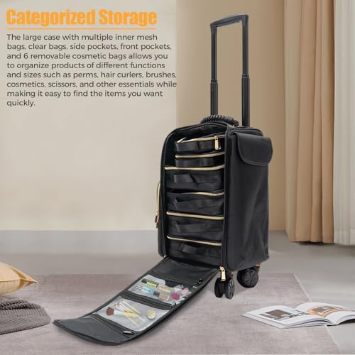 Makeup Rolling Train Case Large Storage Cosmetic Trolley, Professional Cosmetic Organizer Box with WheelsSalon Barber Case Traveling Cart Trunk, Black 11.42 * 9.45 * 18.5in4