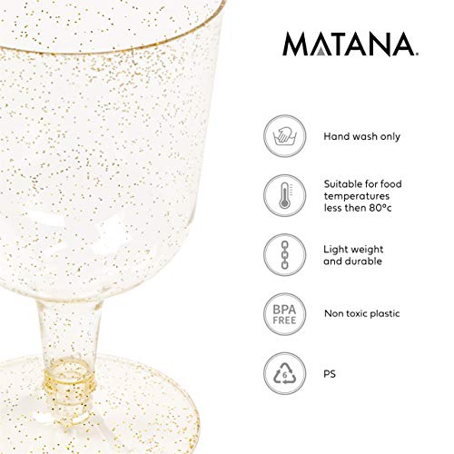 Matana 50 Gold Glitter Plastic Wine Glasses For Weddings, Birthdays, Bridal Shower & Parties, 6Oz - Sturdy & Reusable #TOP4