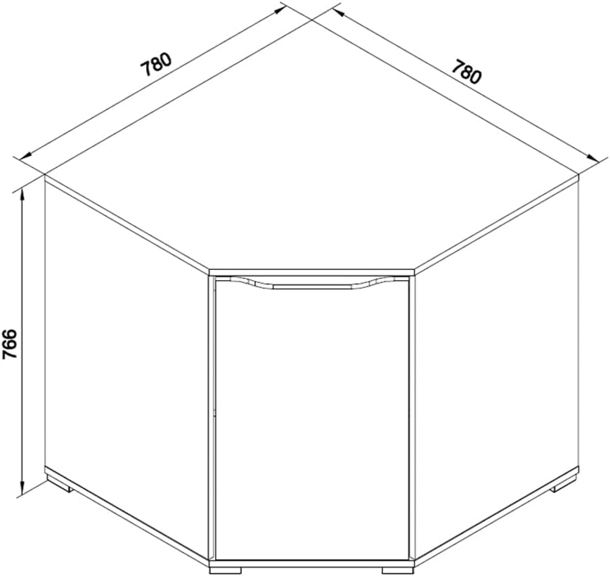 Technical drawing of the Vicco Ruben corner chest of drawers with dimensions labeled as 780mm width, 780mm depth, and 766mm height.
