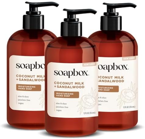 Amazon.com : Soapbox Liquid Hand Soap, Coconut Milk & Sandalwood, Gentle & Moisturizing Hand Wash for Kitchen and Bathroom, Vegan & Cruelty Free Scented Hand Soap 12 Ounce Pump Bottles (Pack of 3)