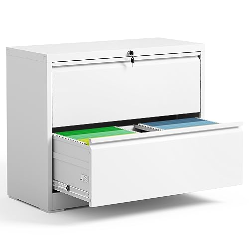 BIZOEIRON 2 Drawer Lateral File Cabinet for Home Office, Metal Filing Cabinet with Lock, Wide File Storage Drawers for Letter/Legal Size Hanging File Folders, Assembly Required, (White)
