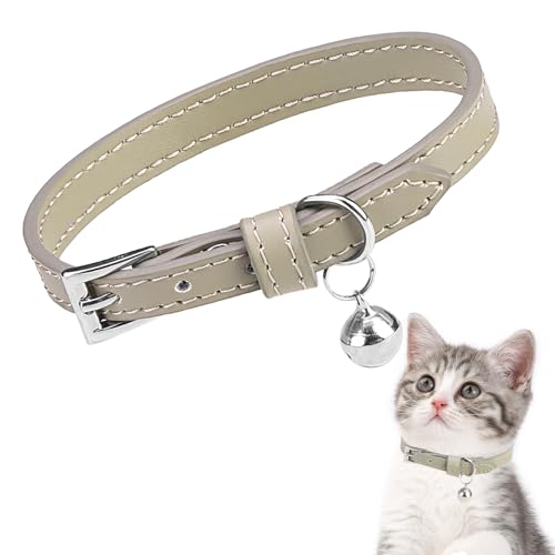 PUPTECK Soft Genuine Leather Cat Kitten Collar with Bells Adjustable for Girl Boy Cats Puppy - Khaki