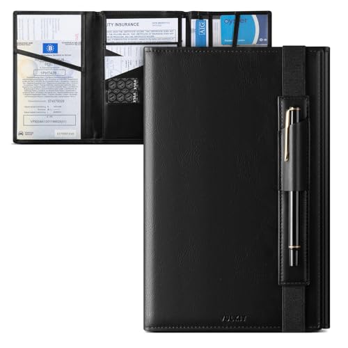 VULKIT Car Registration and Insurance Card Holder Vehicle Glove Box Organizer Leather Tri-fold Design for Car Keys, ID Holder, Essential Documents Black