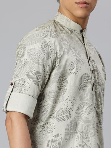 Image of Majestic Man Men's Pure Cotton Printed Mandarin Collar Regular Fit Roll-Up Sleeves Short Kurta
