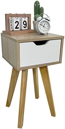 WODEER Mid Century Nightstands with Solid Wood Legs,Modern End Side Table, White Storage Drawer,Bedside Table for Bedrooms （Walnut & White）