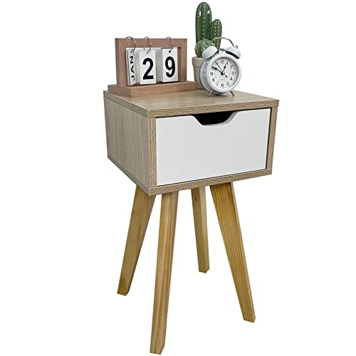 Wodeer Mid Century Nightstands With Solid Wood Legs,Modern End Side Table, White Storage Drawer,Bedside Table For Bedrooms （Walnut & White） #TOP5