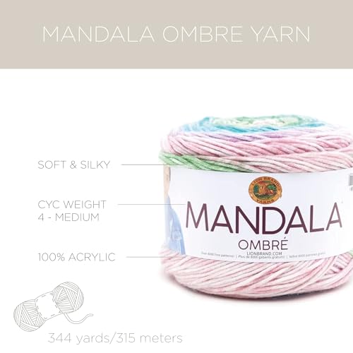 Image of Lion Brand Yarn, Mandala Ombre Variegated Yarn for Crocheting, Knitting, and Crafts, Tranquil, 3 Pack, Soft, Acrylic Fiber for Cozy Blankets, Worsted Weight Sweaters and Colorful Shawls